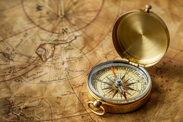 gold compass on ancient map background ,vintage tone with copy space for text