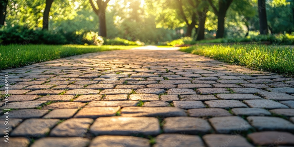 Poster cobblestone walkway in the park with some green grass nearby. empty copy space for editor's text. su