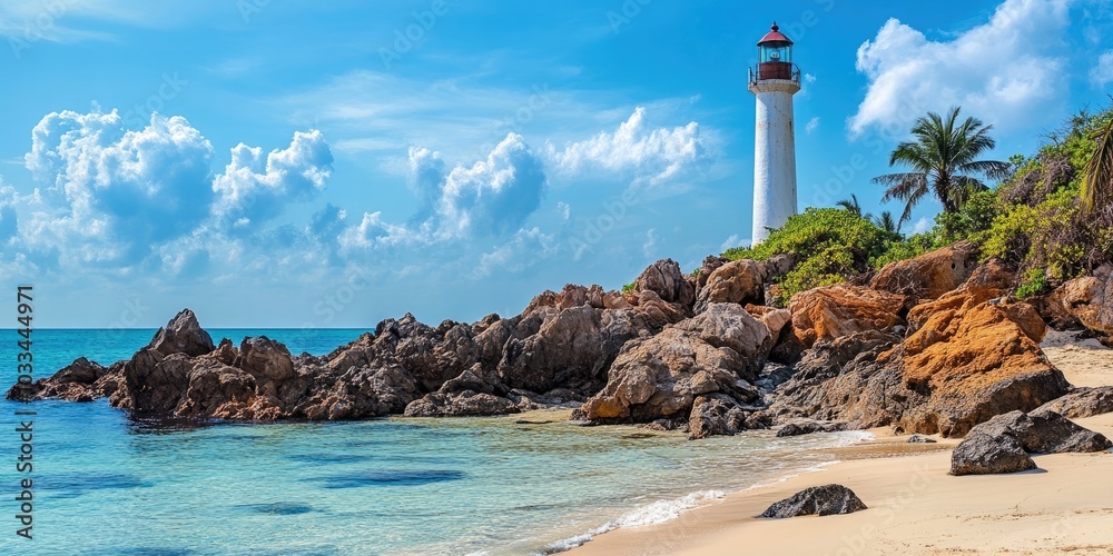 Aufkleber scenic view of a tropical beach featuring rocks and a lighthouse in the summer.