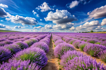 Fototapeta premium serene landscape filled with rows of vibrant purple lavender flowers under bright blue sky with fluffy clouds. This idyllic scene evokes sense of tranquility and beauty
