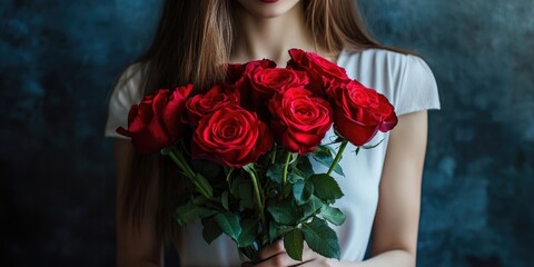 Woman holding a bouquet of lovely roses against a dark background.