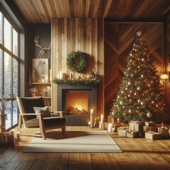 Christmas tree in front of a fireplace inside a cozy simple living room with empty walls and wooden floor