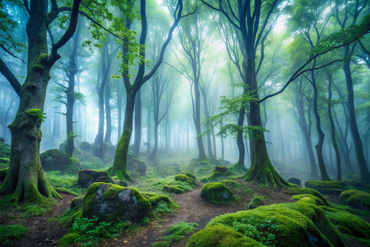 serene forest scene with dense trees shrouded in mist, creating mystical atmosphere. lush green underbrush and moss covered rocks enhance enchanting beauty of nature