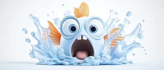 Fototapeta premium A playful cartoon fish splashes water, showcasing wide eyes and an expressive mouth, perfect for children's illustrations.