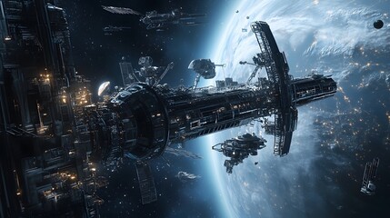 A futuristic space station orbiting a blue planet with a large moon in the background