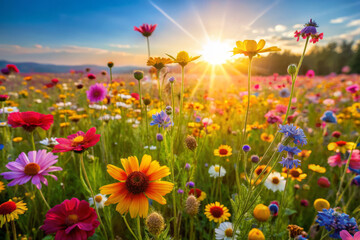 vibrant field of colorful wildflowers dances joyfully in warm sunlight, creating picturesque scene filled with life and beauty. sun sets in background, enhancing cheerful atmosphere