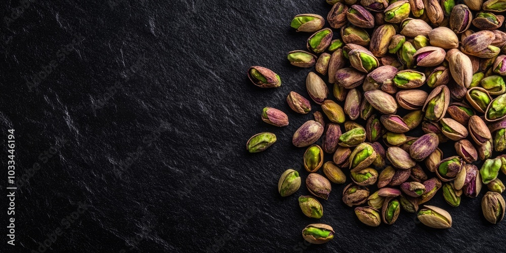 Poster A pile of pistachios in their shells isolated on a black background with copyspace. Top view of raw food ingredients.