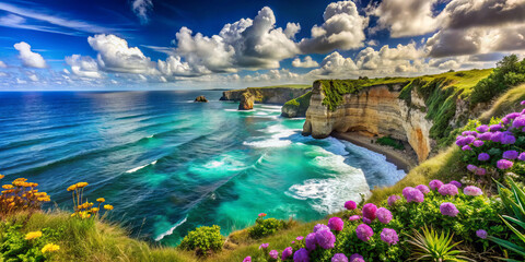 Obraz premium Majestic ocean cliffs plunge into turquoise blue waters, surrounded by vibrant flowers and dramatic skies, creating breathtaking coastal landscape