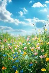 Fototapeta premium A vibrant field of colorful wildflowers under a bright blue sky with fluffy clouds, showcasing nature's beauty and tranquility.