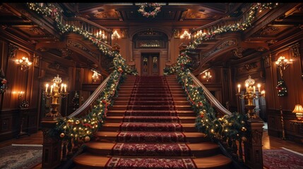 Obraz premium Magnificent grandiose historic manor house or castle interior staircase ornately decorated with lush Christmas garlands wreaths and glowing candles creating a warm festive