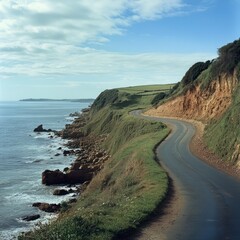 A winding coastal road with a blue sky and green grassy hills.