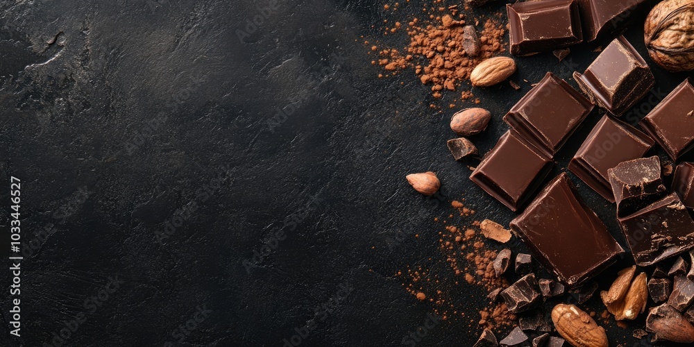Poster chocolate assortment and cocoa on a dark backdrop copyspace.