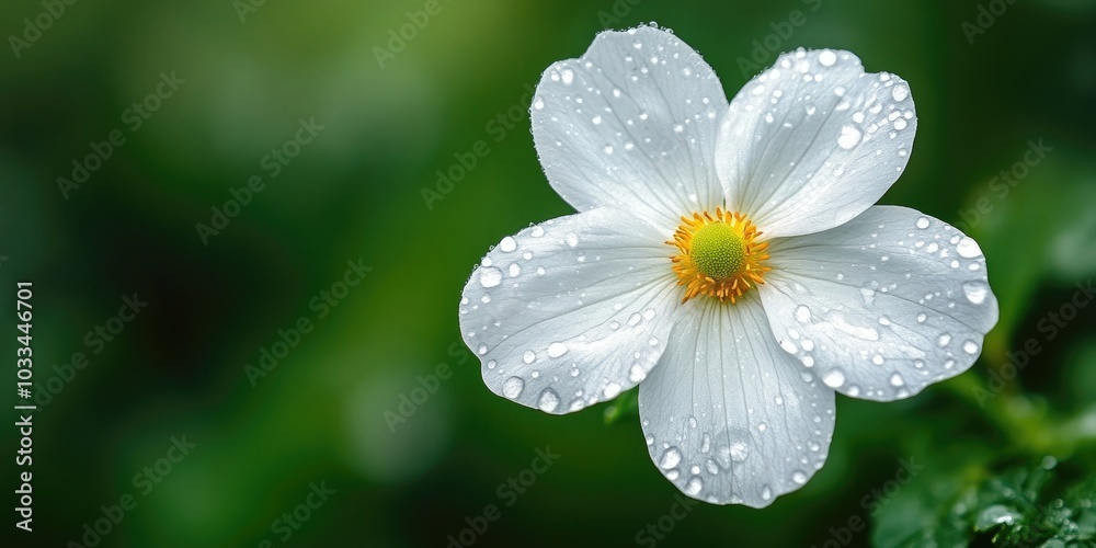 Poster White flower with water droplets on a natural background featuring copy space.
