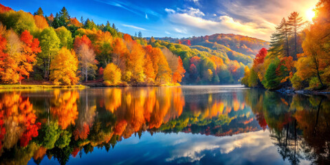 serene water body reflects vibrant autumn hues of surrounding forest, creating picturesque landscape filled with colorful trees and bright sky