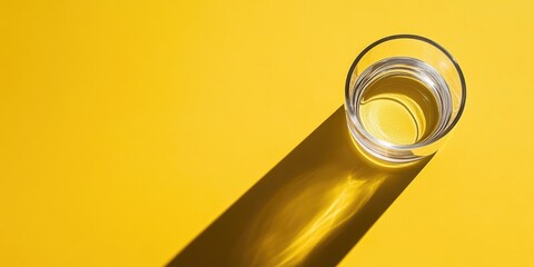 Long shadows cast by a water glass on a yellow background with copyspace. Top view.