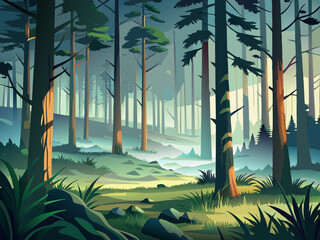 fog in the forest ,Forest landscape with coniferous trees and fog. Vector illustration.
