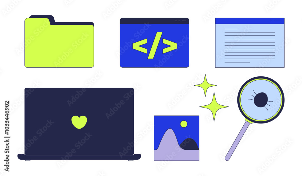 Poster programming desktop icons 2d cartoon objects set. angle brackets slash. bug fix. open laptop. folder
