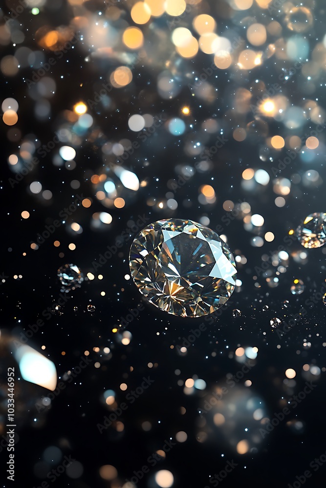 Poster a mesmerizing scene of shimmering droplets and sparkling reflections in a dark background, evoking a