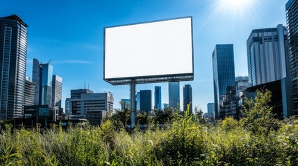 Blank billboard in front of a city skyline with a bright blue sky.
