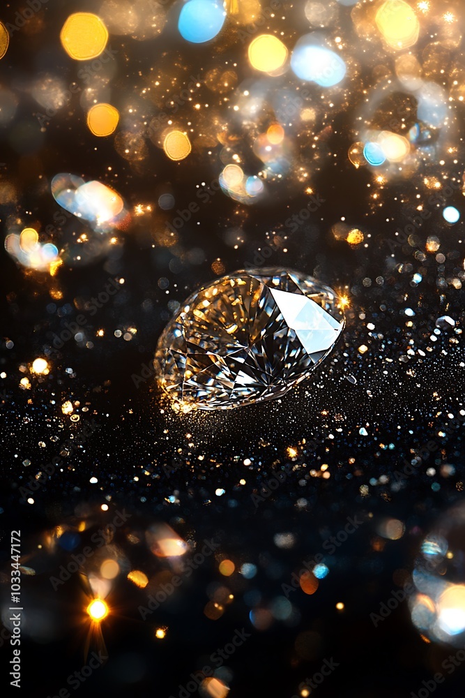 Poster A glimmering diamond rests on a dark surface, surrounded by beautiful bokeh lights that create a sparkling, magical atmosphere.