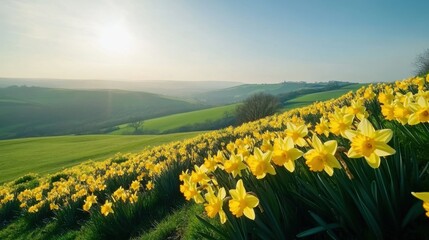 Fototapeta premium Vibrant field of blooming yellow daffodils under a sunny sky