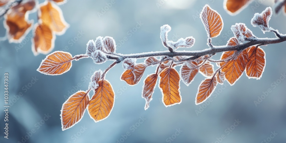 Poster Frost-covered tree branch with dried leaves.