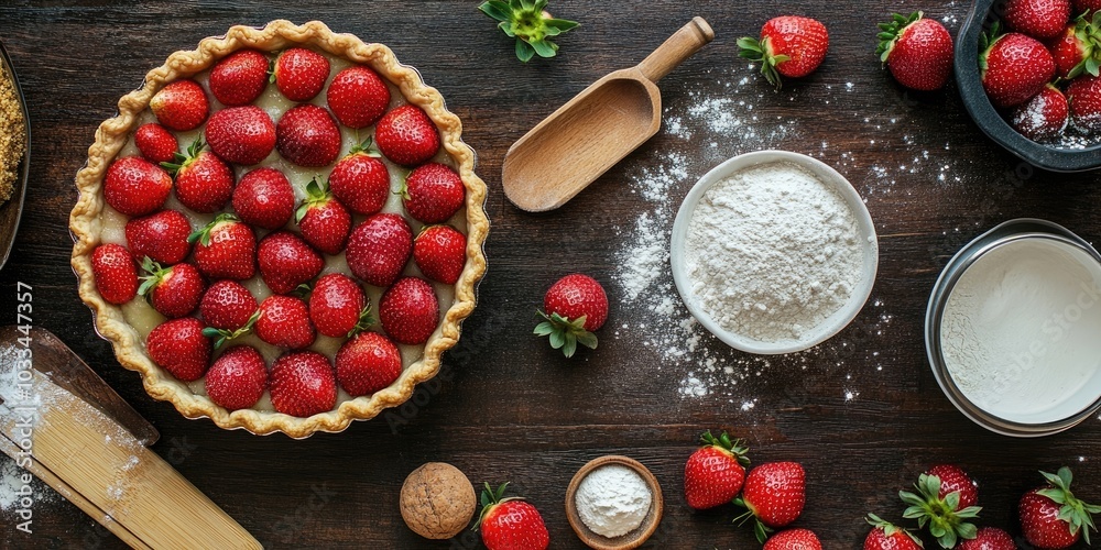 Poster bakery backdrop. strawberry pie recipe. unprocessed ingredients for preparing a strawberry pie or ca