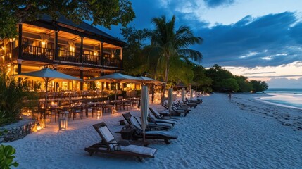 A tropical resort with lounge chairs, tables and umbrellas on a white sandy beach, lit by lanterns at dusk.