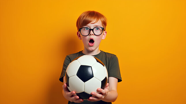 Un gar&ccedil;on avec une drole de tete attrape un ballon de football noir et blanc. Sur un fond orange