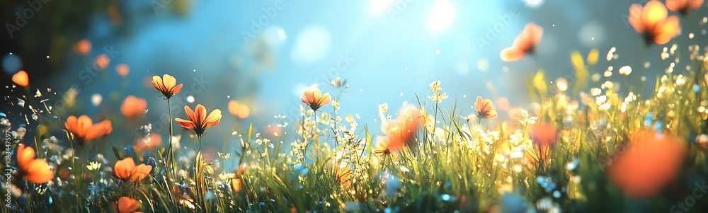 Aufkleber a vibrant field of wildflowers dances in the gentle breeze, illuminated by soft sunlight filtering t