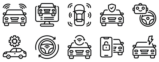 Self Driving Car Icon Set Futuristic Line Style Collection for Autonomous Vehicles
