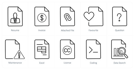 A set of 10 File icons as resume, invoice, attached file