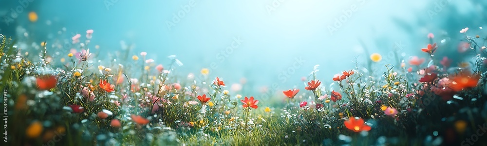 Poster a vibrant field of colorful wildflowers, illuminated in soft light, creating a serene and enchanting
