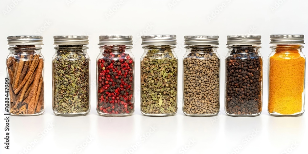 Poster collection of spices in jars positioned on a white background.