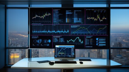 A high-tech screen showcases a multitude of charts and graphs, set against a breathtaking cityscape, reflecting a world fueled by data and analytics.