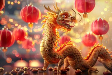 Obraz premium Golden cute dragon, many red lanterns in background, vector style art