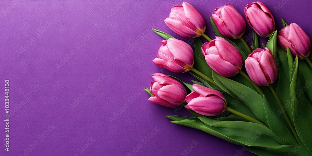 Poster bouquet of pink tulips on a purple background with copyspace. top view. flat lay. vertical image.
