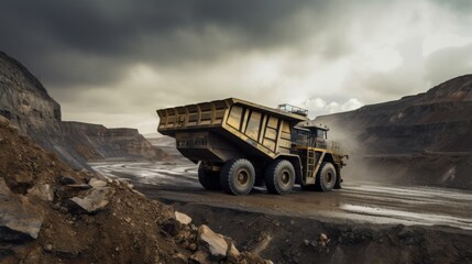 Obraz premium A gigantic mining truck maneuvers through a rugged quarry, surrounded by dramatic skies, illustrating industry and perseverance in harsh landscapes.