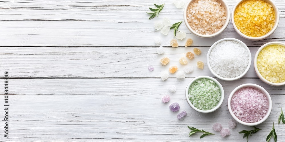 Poster spa cosmetics. a collection of salts in bowls on a white wooden background with a top-down view and 