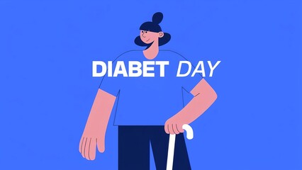 Happy person with cane on diabet day. Minimalist style. Health awareness concept. For medical campaigns. Design for banner, poster, flyer with copy space.
