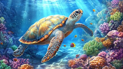 Obraz premium A sea turtle swims through a vibrant coral reef, with sunlight filtering through the water.