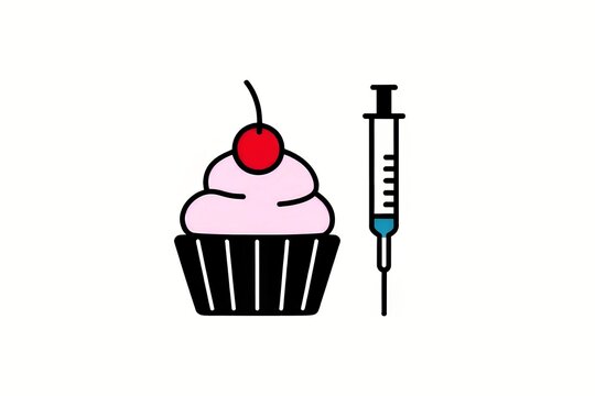 Cupcake and syringe icon representing sugar addiction and health concepts