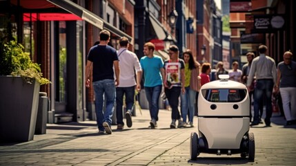 A small delivery robot navigates through a bustling pedestrian street, showcasing the interplay of technology and everyday urban life.