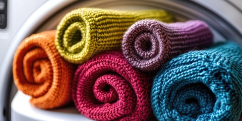 Colored rolled sweaters on top of the washing machine.