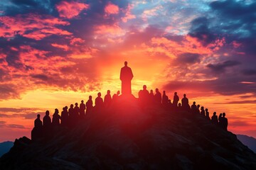 Fototapeta premium Majestic Sunset Gathering on Hill with Silhouetted Crowd and Leader in Peaceful Setting, Spiritual Unity Concept 