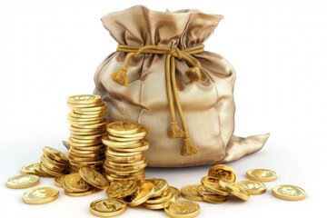 Golden Money sack bag and stack of coins on isolated white background. money savings concept. 3d rendering