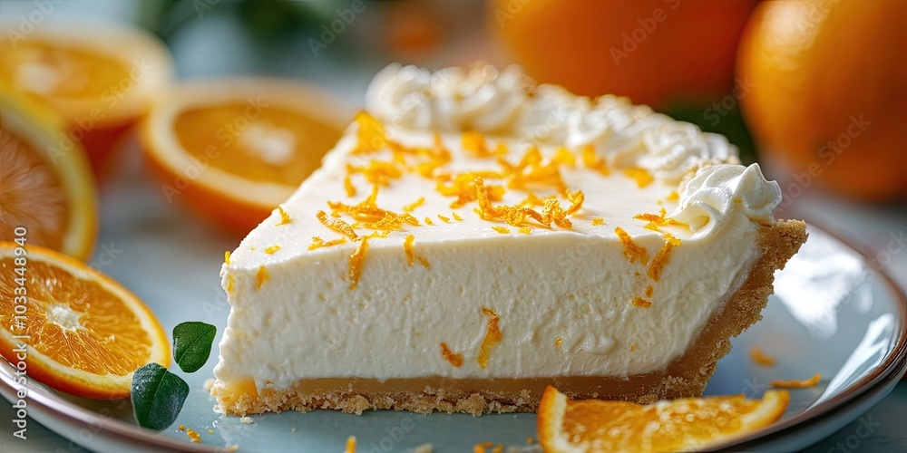 Poster Closeup of a slice of orange chiffon ice box pie in selective focus with a shallow depth of field. It is garnished with orange zest and surrounded by citrus fruits.