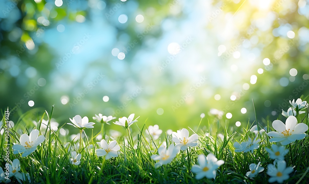 Aufkleber A serene field of white flowers illuminated by soft sunlight, creating a peaceful and vibrant atmosphere filled with shimmering bokeh effects.