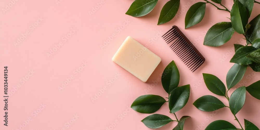 Poster flat lay arrangement of a solid shampoo bar, leaf, and comb on a pink background. area for text.
