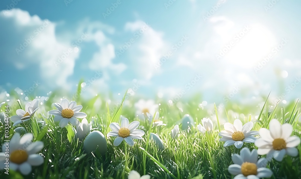 Poster a vibrant field of daisies bathed in sunlight, with soft clouds drifting in a clear blue sky, creati